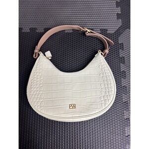 PW Light Cream Croc Embossed Faux Leather Shoulder Bag Crescent Hobo Handbag